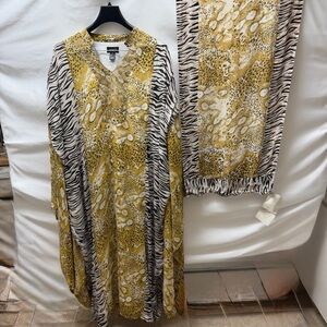 ASHRO Caftan Tunic Set 2X Batwing Animal Print w Scarf Boho